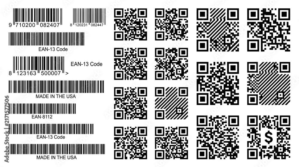 Fototapeta premium Multiple black and white bar codes and square matrix grid patterns for digital tracking technology