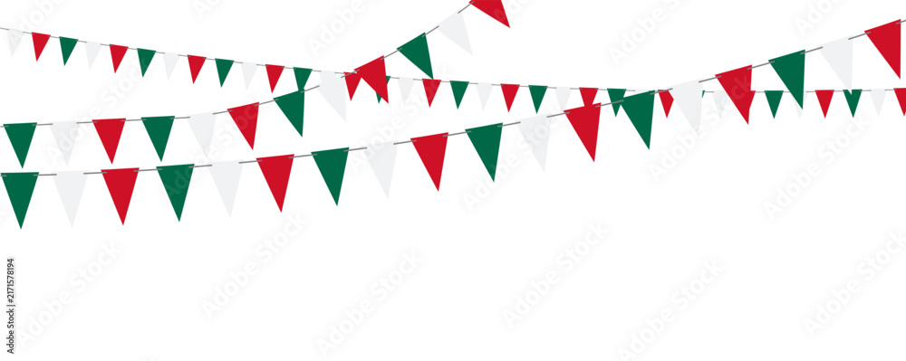 Obraz premium Festive Mexico inspired bunting with green, white and red pennants on a string for fiesta cards, invitations, banners and celebration posters.