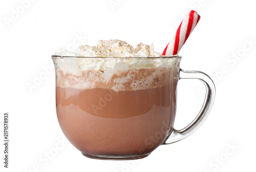 Festive Hot Chocolate with Whipped Cream and Candy Cane in Glass Mug