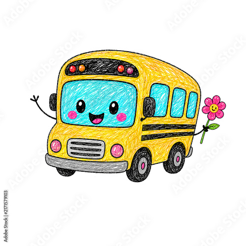 Cute School Bus Character Holding Flower Crayon Drawing Kids Art