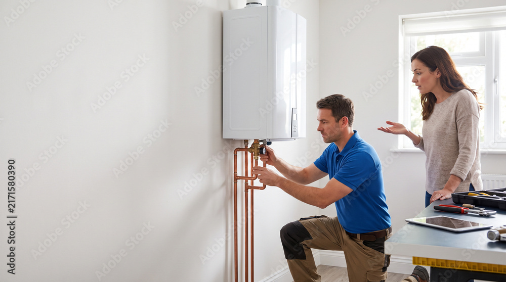 Fototapeta premium Plumber inspects residential tankless water heater as homeowner asks questions, illustrating plumbing service, home maintenance, repair evaluation and utility room consultation.