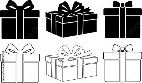 Christmas set of gift box icons in flat solid and outline styles with perspective