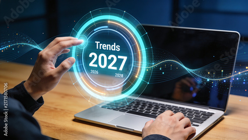 Future Trends 2027 Concept with Digital Technology Interface, Business Innovation, Market Forecast, Data Analytics and Emerging Technology on Laptop
