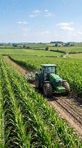 A powerful green tractor cultivates a vibrant cornfield under a clear blue sky, showcasing modern agricultural practices in a picturesque rural landscape.