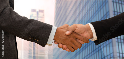 Quadro su tela two businessmen handshake and building office background,  business deal, busine