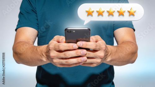 Five Star Customer Review Rating on Smartphone, Positive Feedback and User Satisfaction Concept
