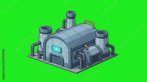 Isometric factory building with chimneys and pipes on a green background