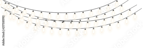 Glowing string lights hanging against white background