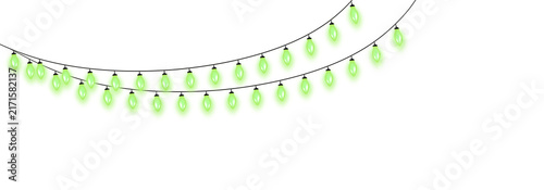 Green glowing string lights hanging on black wire