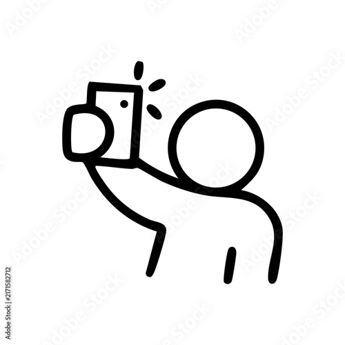 Outline style illustration of a human figure holding up a mobile device to capture a self-portrait related to social media culture or mobile photography used for app interfaces or digital content