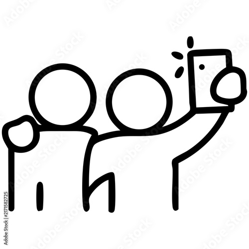 Outline style of two people standing side-by-side, with one holding up a smartphone to snap a photo relates to friendship, social gatherings, and shared experiences for social media platforms