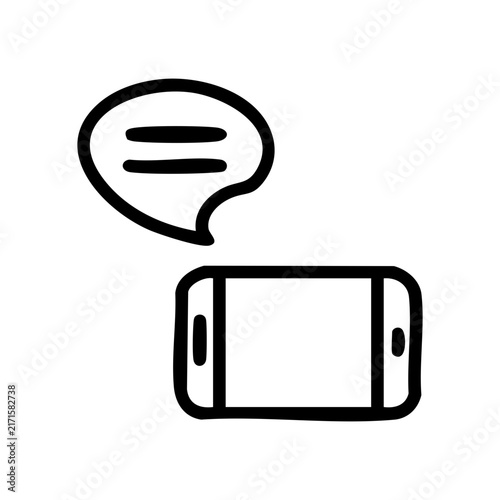 Linear-style graphic features a tablet device laid horizontally underneath a chat bubble falls into the digital communication concept, relates to online messaging on tablets for app UI layouts