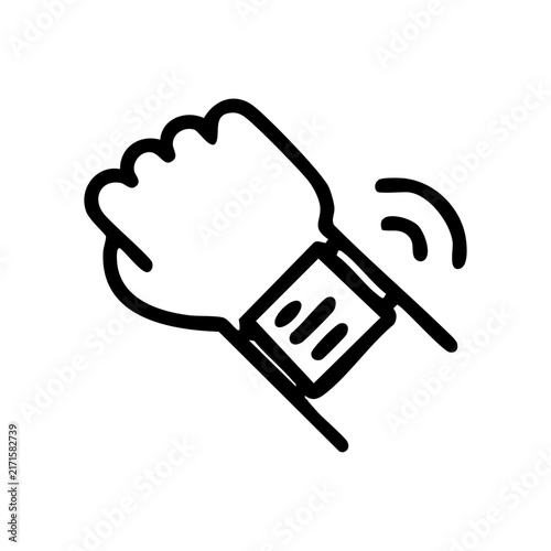 Outline image of a hand wearing a smartwatch that emits or receives curved wave signals used for wearable technology, smart devices, Bluetooth connectivity, and fitness tracker interfaces for health