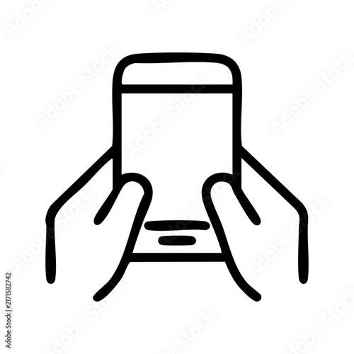 Outline image of a person's hands securely holding a vertical smartphone with both hands symbolizing usage, texting, gaming for mobile usability guidelines, instructional illustrations, tech articles