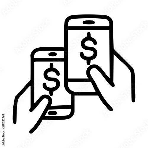 Outline graphic shows dual hands displaying mobile screens marked with currency symbols falls into the financial analysis concept, relates to mobile banking or exchange rates, for fintech apps