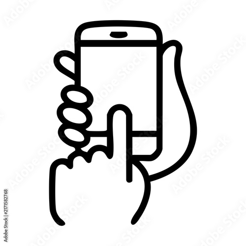 Outline-style illustration of a user holding a smartphone while a finger taps on the screen used in UX UI design, mobile tutorials, manuals, and instructional graphics for apps and web navigation