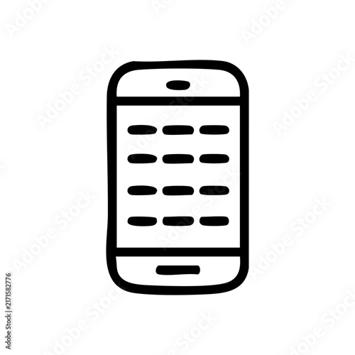 Outline style vector graphic portrays a mobile device with a list or menu layout on its display ideal for UI design elements representing data lists, application menus, settings, or content feeds
