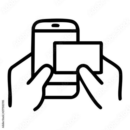 Outline image depicts two hands holding a vertical smartphone alongside a horizontal card for scanning or matching useful for digital payment, ID verification, card scanning apps, e-commerce interface