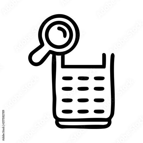 Outline style of a magnifying glass hovering over represents search functionality or data analysis on a device or keypad used for search tools, data filtering, auditing, digital inspection interfaces