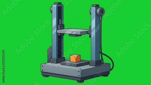 Industrial 3D printer machine with orange cube on green screen background