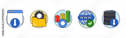 A set of 5 mix icons as Landing Page, Management Content, Optimization Performance