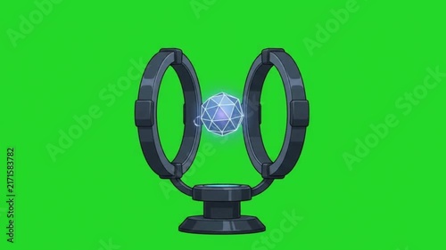 Futuristic sci-fi energy core floating between two rotating metallic rings on green screen