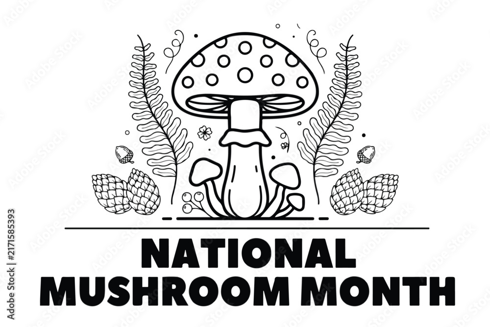 Naklejka premium National Mushroom Month Vector Illustration, Fresh Mushroom Food and Nature Celebration Design