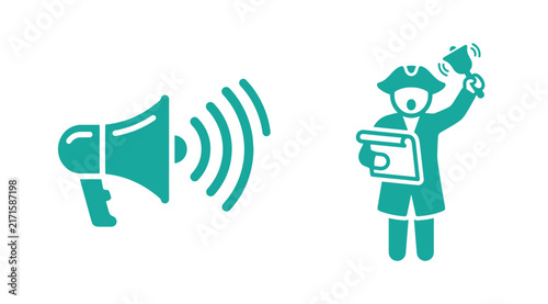 Green megaphone speaker icon next to town crier holding bell and scroll symbol with sound waves megaphone announcement communication marketing