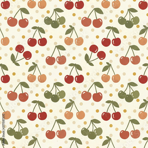 Cute Vintage Seamless Cherry Pattern with Red, Orange and Yellow Cherries, Green Leaves and Colorful Polka Dots for Retro Textile and Wallpaper