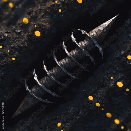 Close-up of a metallic auger bit with yellow speckles