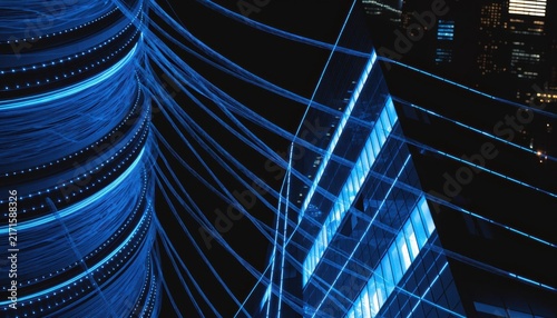 Abstract blue light trails over futuristic cityscape