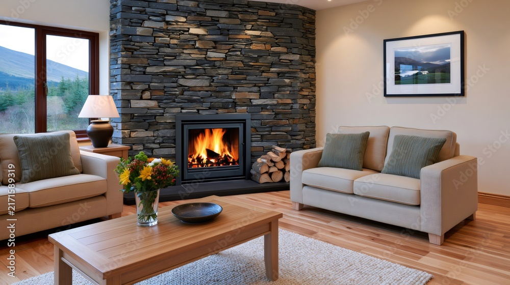 Naklejka premium Modern living room with fireplace and stone wall interior