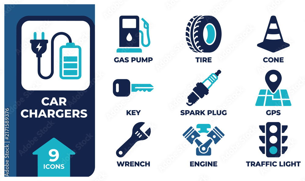 Fototapeta premium Car chargers and auto parts icons blue and dark navy for vehicle maintenance and service.