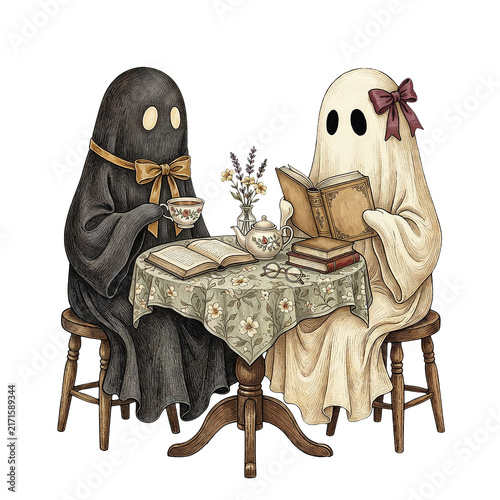 Two Cute Ghost Characters Enjoying Tea Time and Reading Books