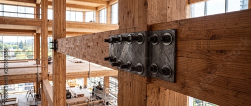 Industrial timber construction joints featuring steel plates and heavy duty bolts connect wooden beams in sustainable building project