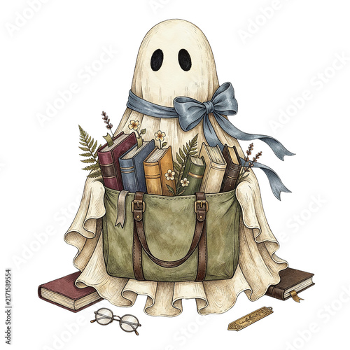 Whimsical ghost carries satchel of books and plants with glasses.