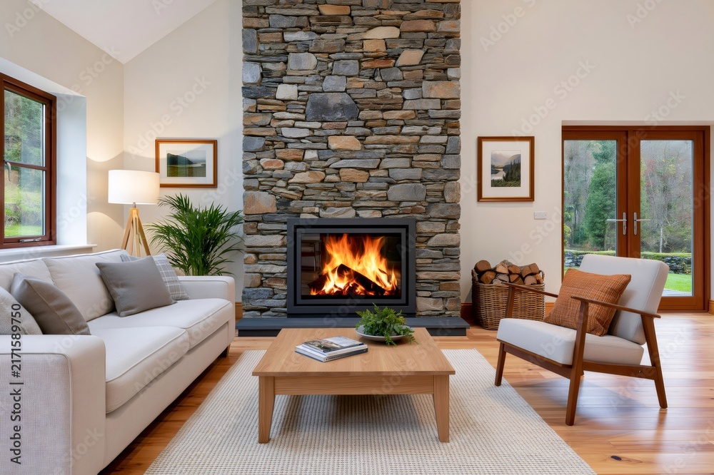 Naklejka premium Cozy living room featuring a modern stone fireplace