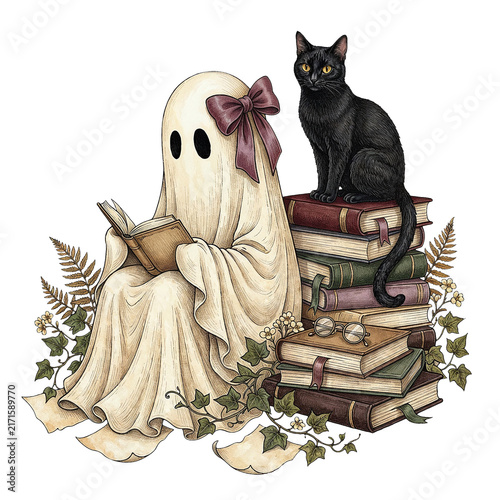 Ghost Character Reading Book with Cat on Stack of Vintage Books