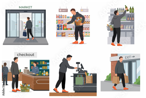 Flat Vector Illustration Set of a Man Shopping at a Supermarket from Entrance to Checkout and Exit