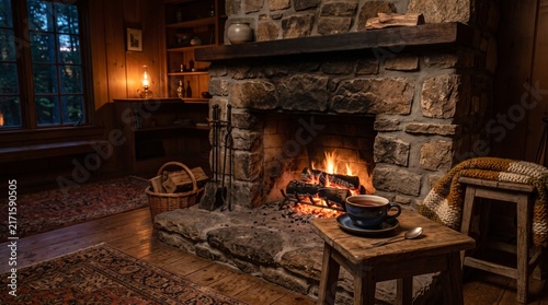 Cozy Rustic Cabin Interior Featuring a Warm Stone Fireplace and a Cup of Tea for Relaxing Winter Evening Atmosphere