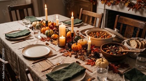 Cozy Autumn Thanksgiving Table Setting with Candles Pumpkins and Festive Food Dishes
