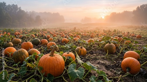 Vibrant Autumn Pumpkin Patch at Sunrise with Foggy Field and Lush Greenery