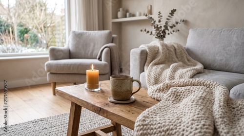 Warm and inviting home interior scene with a glowing candle, steaming mug, and soft knit blanket, perfect for a cozy autumn or winter evening relaxation
