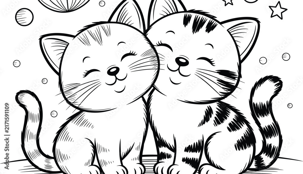 Fototapeta premium Two cute cartoon kittens sitting together under the stars coloring page vector illustration for kids activity book printable