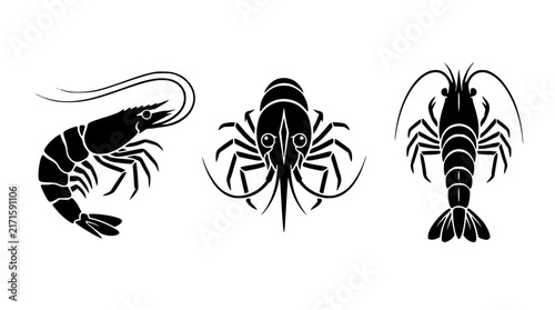 Black and white shrimp lobster crayfish silhouette icons set
