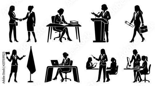 Professional businesswoman silhouettes in various work scenarios