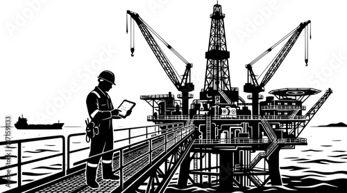 Oil rig worker checking tablet on offshore platform silhouette