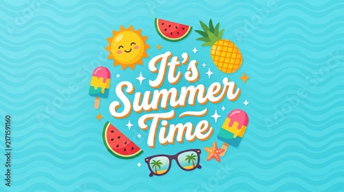 Colorful Summer Time Typography with Tropical Vacation Icons