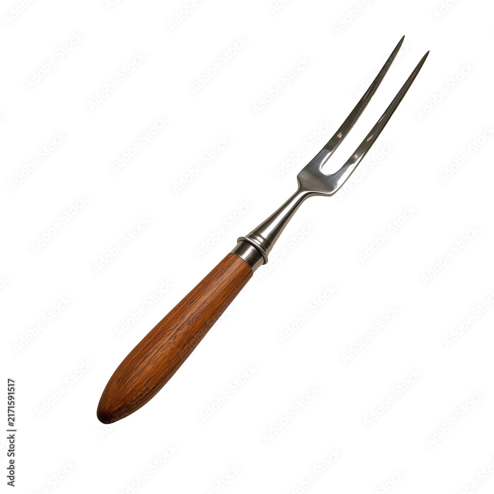 Obraz premium Two pronged carving fork with wooden handle resting on a light surface
