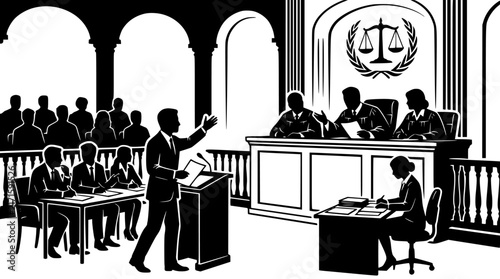 Lawyer presenting case in courtroom illustration silhouette